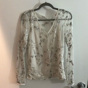 WHBM Embroidered Lavender Floral Sheer Long sleeve Top - Size M
